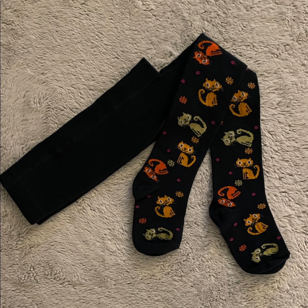 Navy Tights with Colorful Cat Pattern SZ 2 NWOT